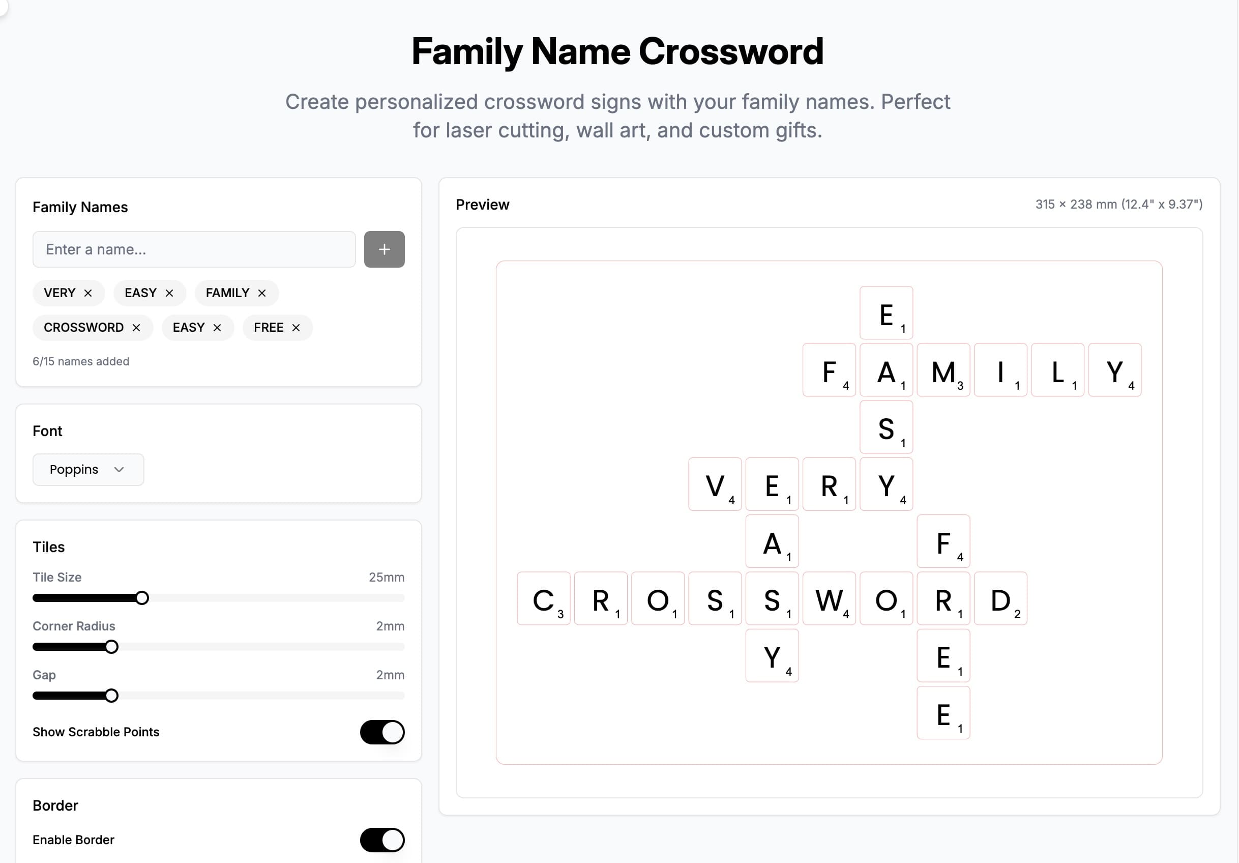 Family Crossword Tool for Laser Cut and Engraving Designs | VectorWitch