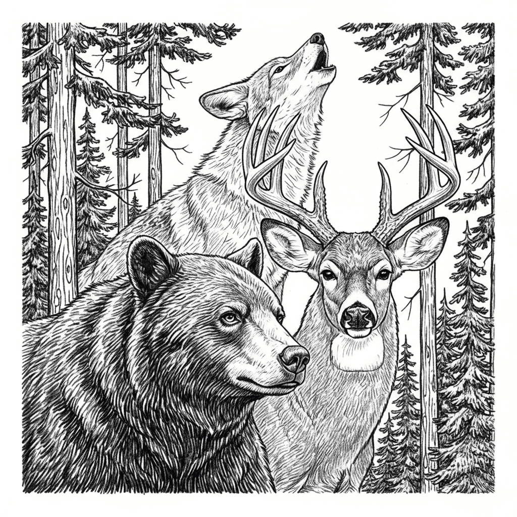 Realistic white tail buck with a black bear in the foreground. From the shoulders up. Put a realistic coyote in the back ground howling. Frame entire image with pine trees.