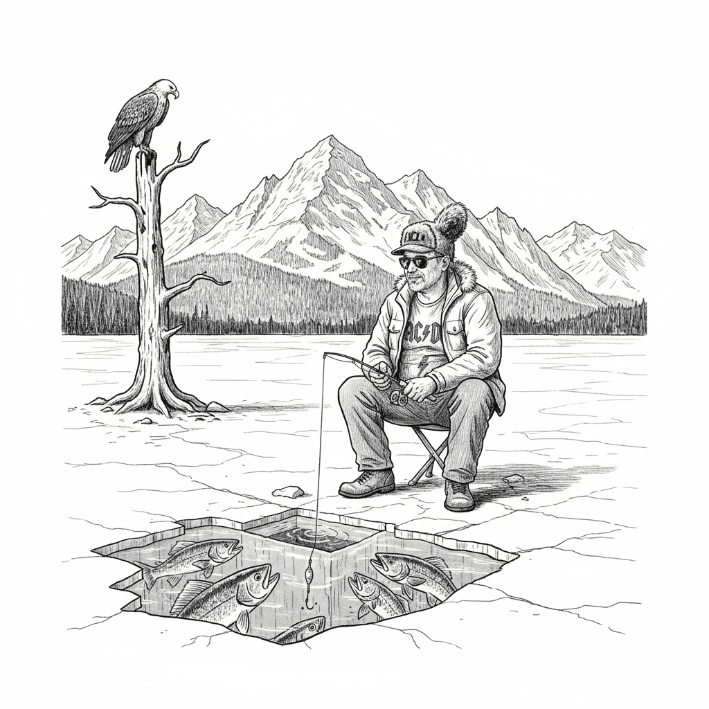 Put me on the lake ice fishing with a beautiful mountain background clear skies with my Daniel boom hat also showing the fish under the ice in the water trying to catch my bait as of all legal sits on the shore at the top of an old dead tree staring down watching me fish