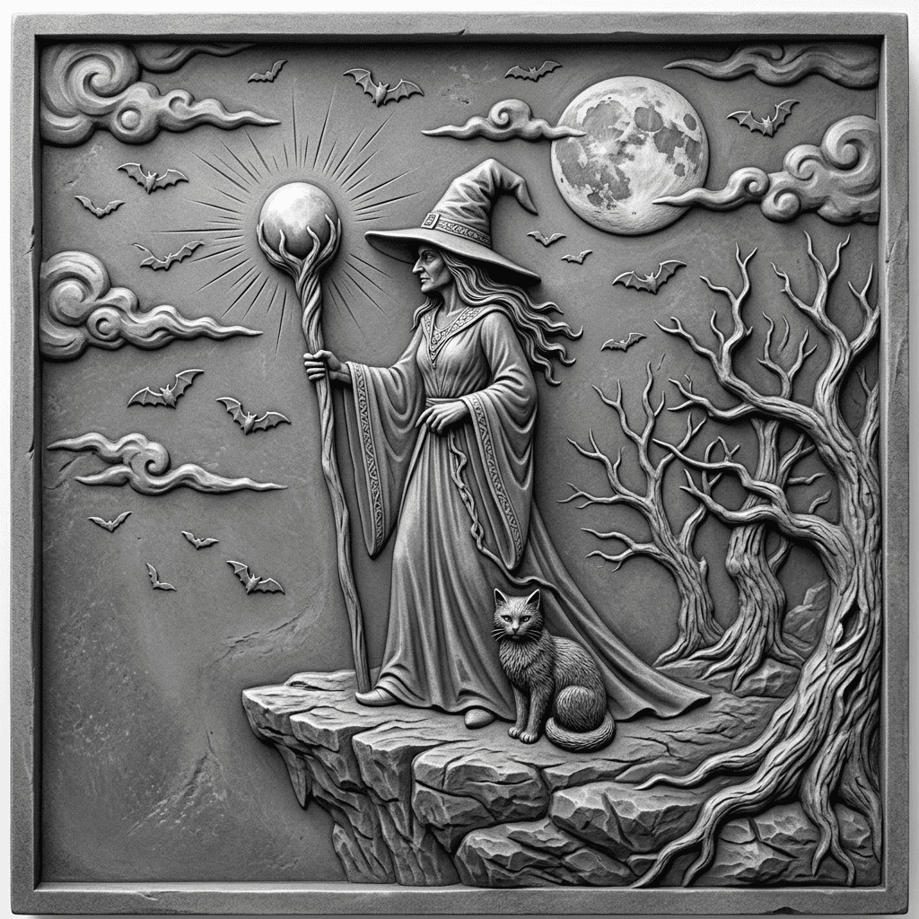 A nice and sexy witch standing on a rocky cliff at night, long flowing robe and pointed hat, holding a wooden staff with a glowing orb on top, a black cat sitting beside her feet, a full moon and scattered clouds behind her, bats flying across the sky, a few bare twisted trees on the side