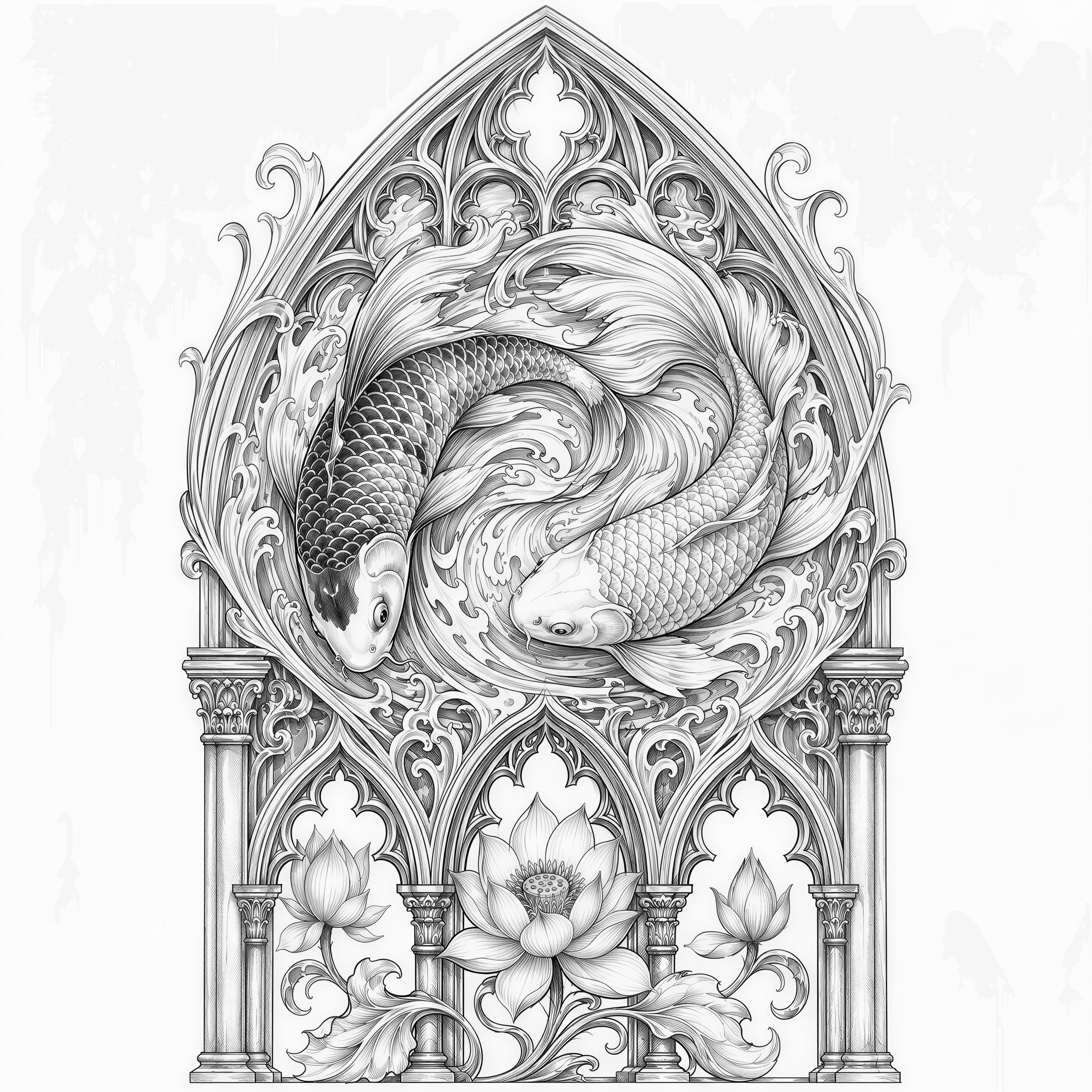 A twin pair of koi fish swimming in opposite directions forming a yin-yang circular composition within a tall gothic pointed arch frame, each fish with individually rendered scales and flowing ornate fins and tails extending into scrollwork, water ripple patterns integrated into gothic tracery background with wave-inspired cusped ornaments, lotus flowers at the base between gothic lancet arches with eastern-influenced column details, black and white intricate linework