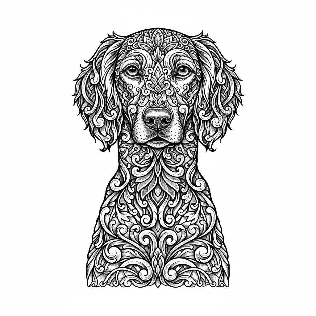 Ornamental dog portrait with intricate mandala patterns and decorative swirls, baroque filigree details, elaborate scrollwork covering the entire body, zentangle style patterns, highly detailed line art, black and white illustration, engraved style, symmetrical ornate designs, flowing curves and spirals, textured patterns, artistic embellishments, grayscale, no color