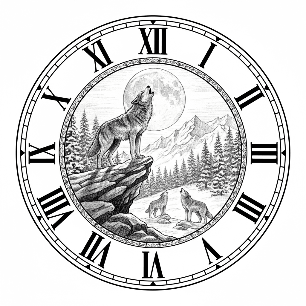 A circular clock face design with two clearly separated zones: an outer ring band containing large bold Roman numerals (XII at top, III right, VI bottom, IX left, with I, II, IV, V, VII, VIII, X, XI between them) placed on completely clean empty background with no decorative elements behind the numerals, the numerals must be highly legible and unobstructed, a thin decorative line separating the outer numeral ring from the inner scene, the inner circle contains a lone alpha wolf howling at a massive full moon on a rocky cliff edge, three additional pack members on lower rocks, snow-covered pine forest, jagged mountain peaks, dramatic moonlight casting shadows across snow, the central scene is fully contained within the inner circle and does not cross into the numeral ring, perfect circular composition with clear separation between the readable numeral border and the detailed central wildlife illustration