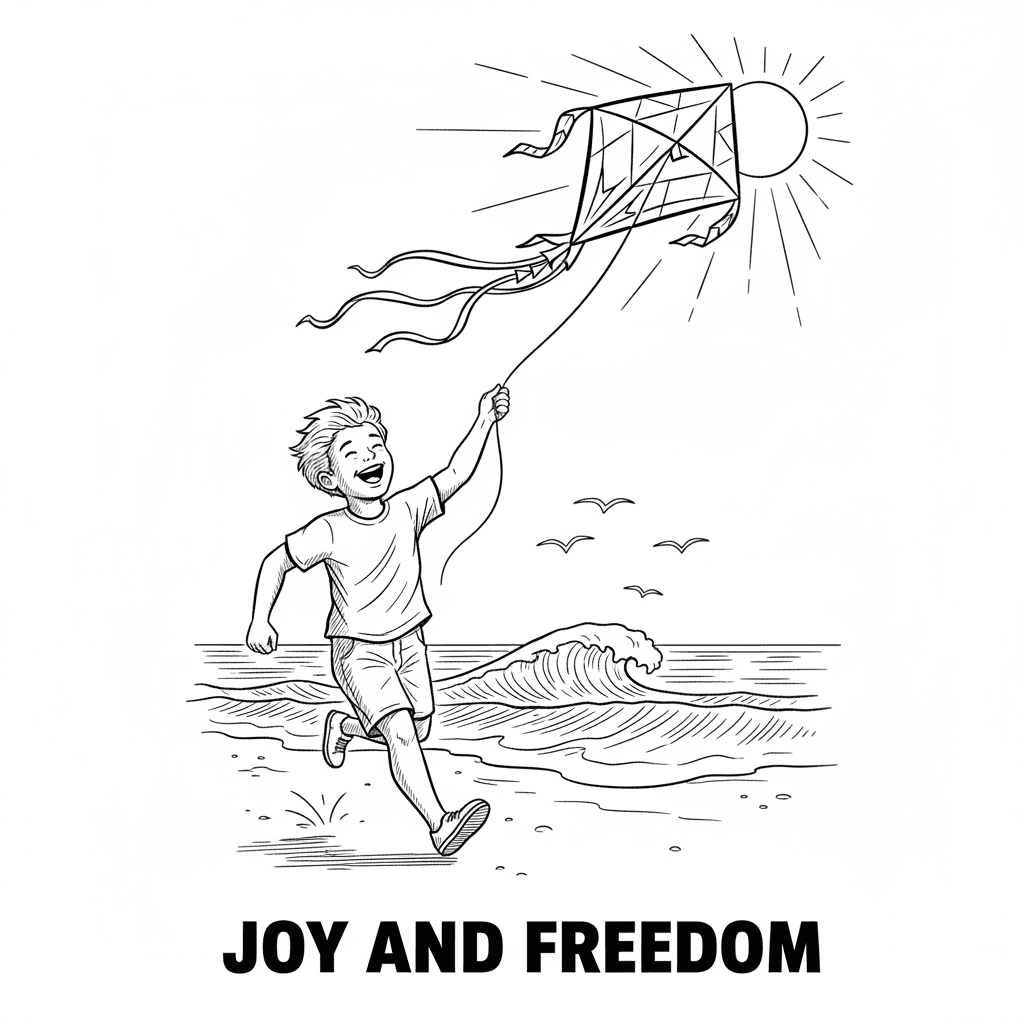 A highly detailed, emotional sketch-style illustration of a young boy flying a kite on a windy beach. The scene captures a deep sense of joy and freedom, with fine linework emphasizing the movement of the kite soaring in the air and the boy’s laughter as he runs that bring out the intricate textures and subtle movements within the composition. The background features a softly lit natural environment, harmonizing with the central subject, adding to the overall atmosphere. Every aspect, from the delicate play of light and shadow to the subtle elements of nature, such as leaves or wind, is rendered with thoughtful shading and delicate strokes to convey a sense of calm and reflection. The image evokes a strong emotional response through its balanced composition and use of perspective, creating a visual narrative that feels both intimate and expansive.