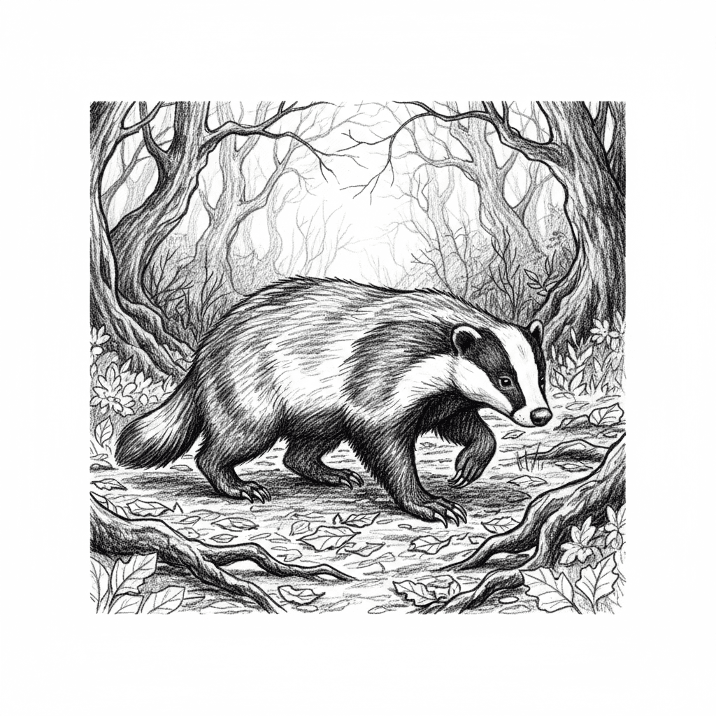 Badger walking through a misty woodland at night