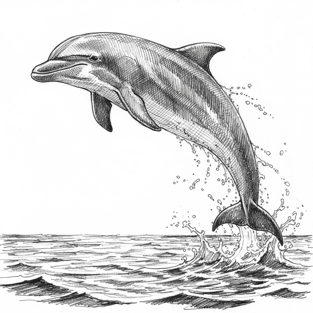 A dolphin playfully jumping out of the sea that is dappled in sunshine