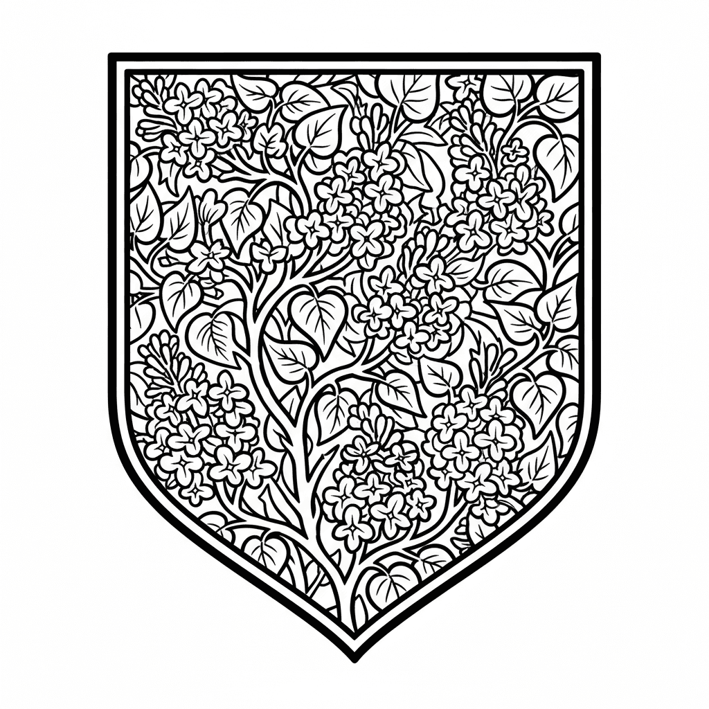 Make a fire department shield no w works or objects in the shield. Interlace lilacs on the shield.