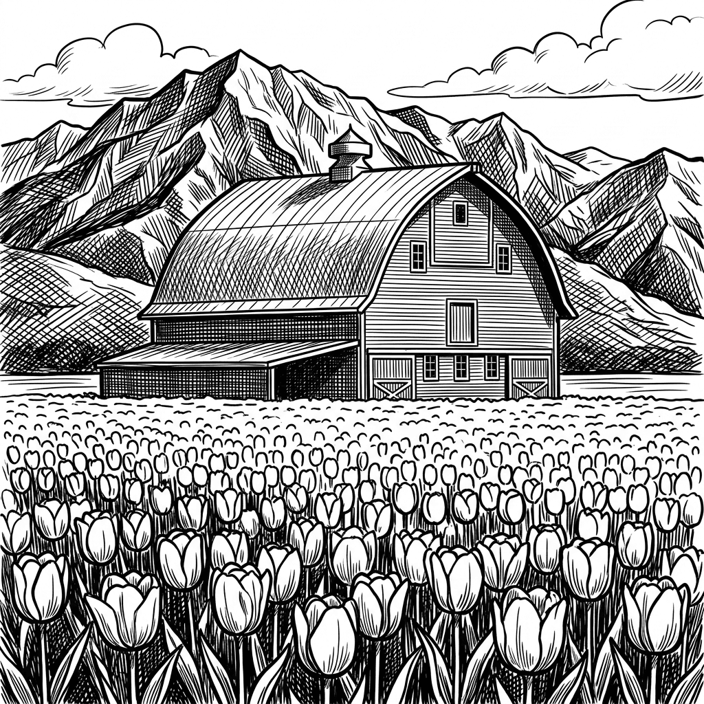 remove the trees from the background and add mountains. remove the people. make this a vector file. add more definition to the tulips