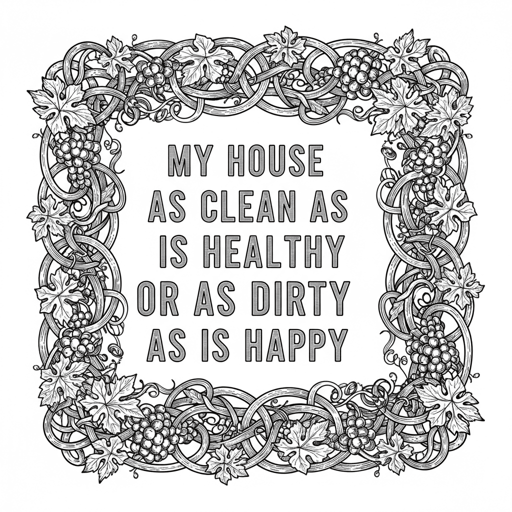 "My house is as clean as is healthy or as dirty as is happy" with a nice vine border
