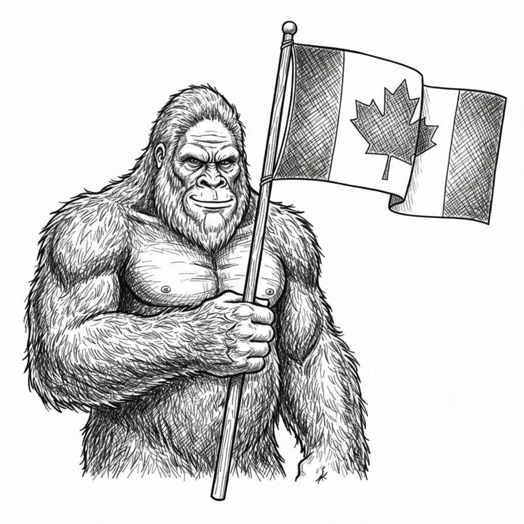 Change the flag to a Canadian flag and make bigfoot smile slightly