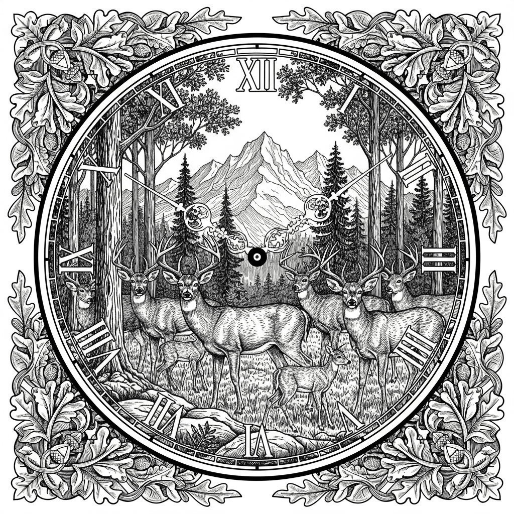 a heard of White tail deer with a forested mountain background in the image of a clock keeping the entire image on a round surface