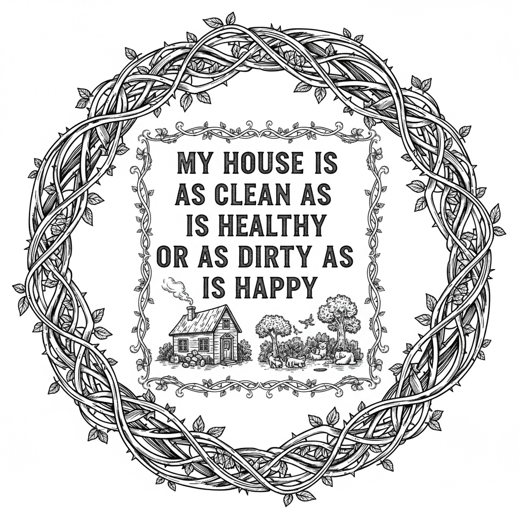 "My house is as clean as is healthy or as dirty as is happy" with a thin vine border