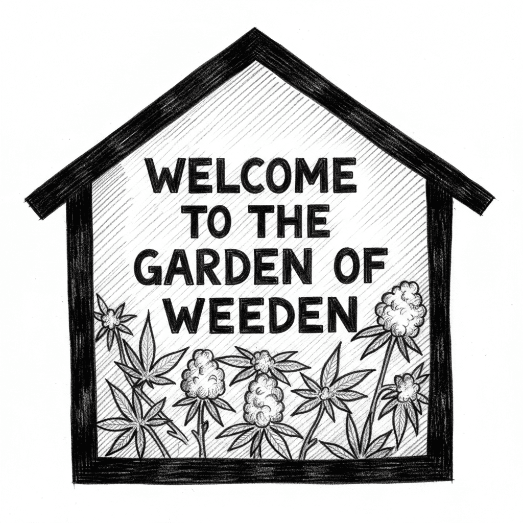 The phrase "Welcome to the garden of weeden" framed with a basic house shape