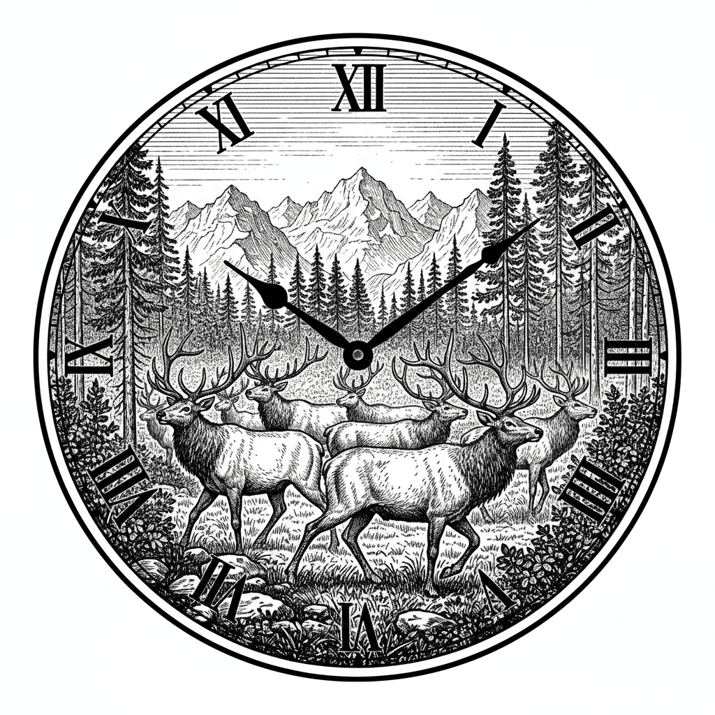 a heard of Elk with a forested mountain background in the image of a clock keeping the entire image on a round surface