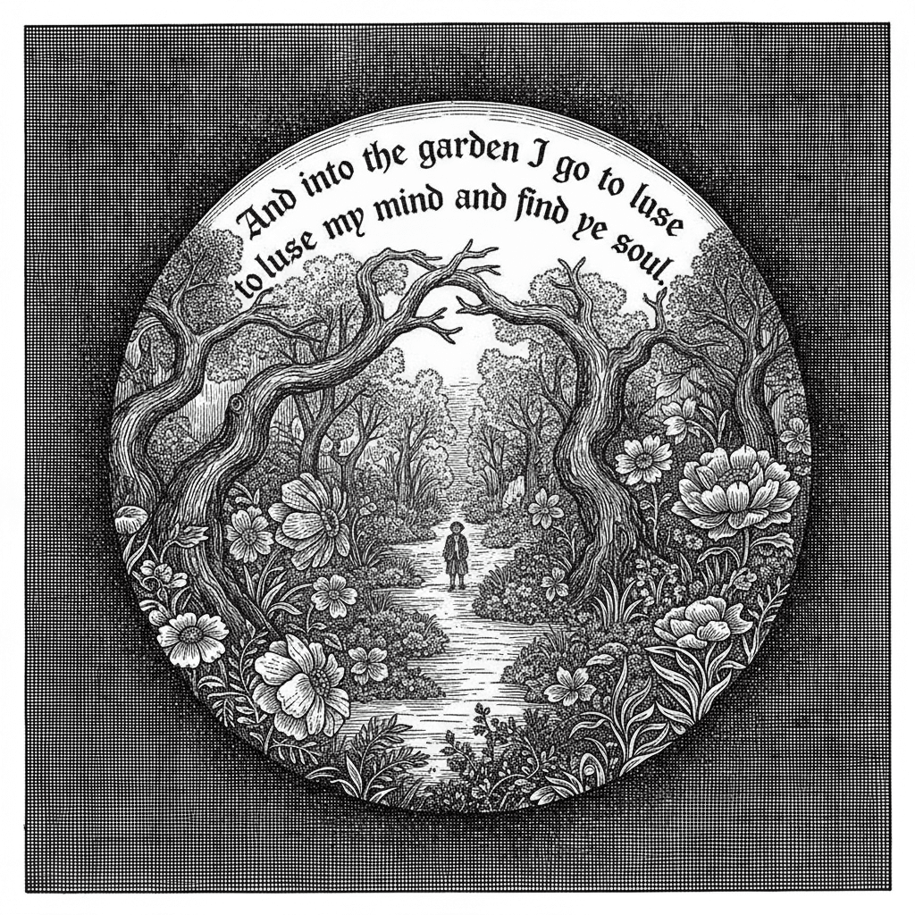 An oval hanging image with "And into the garden I go to lose my mind and find my soul"