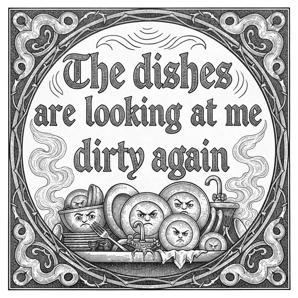 A circular shape with just the quote "The dishes are looking at me dirty again"