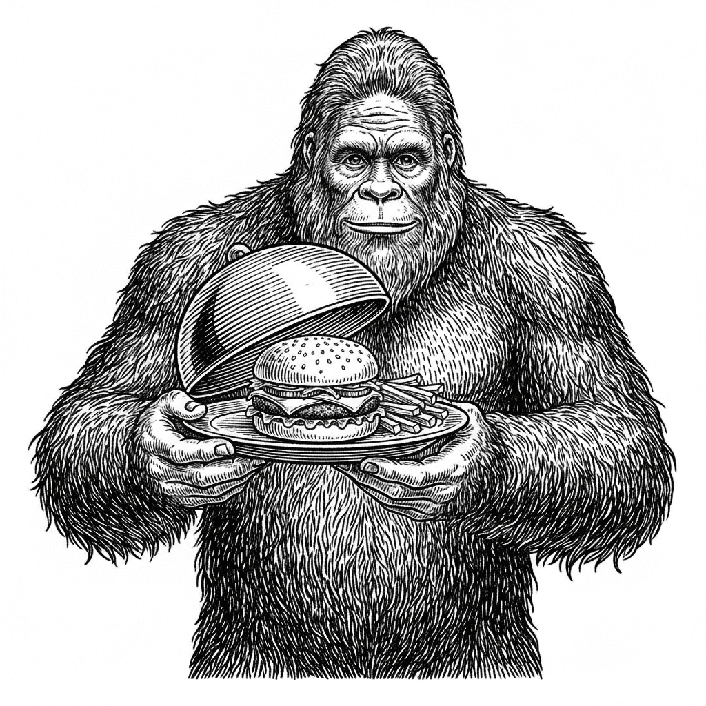 Create an image of bigfoot serving a plate with a hamburger and fries