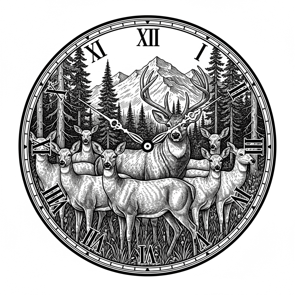 a heard of doe's and a buck in a forested mountain background in the image of a clock keeping the entire image on a round surface