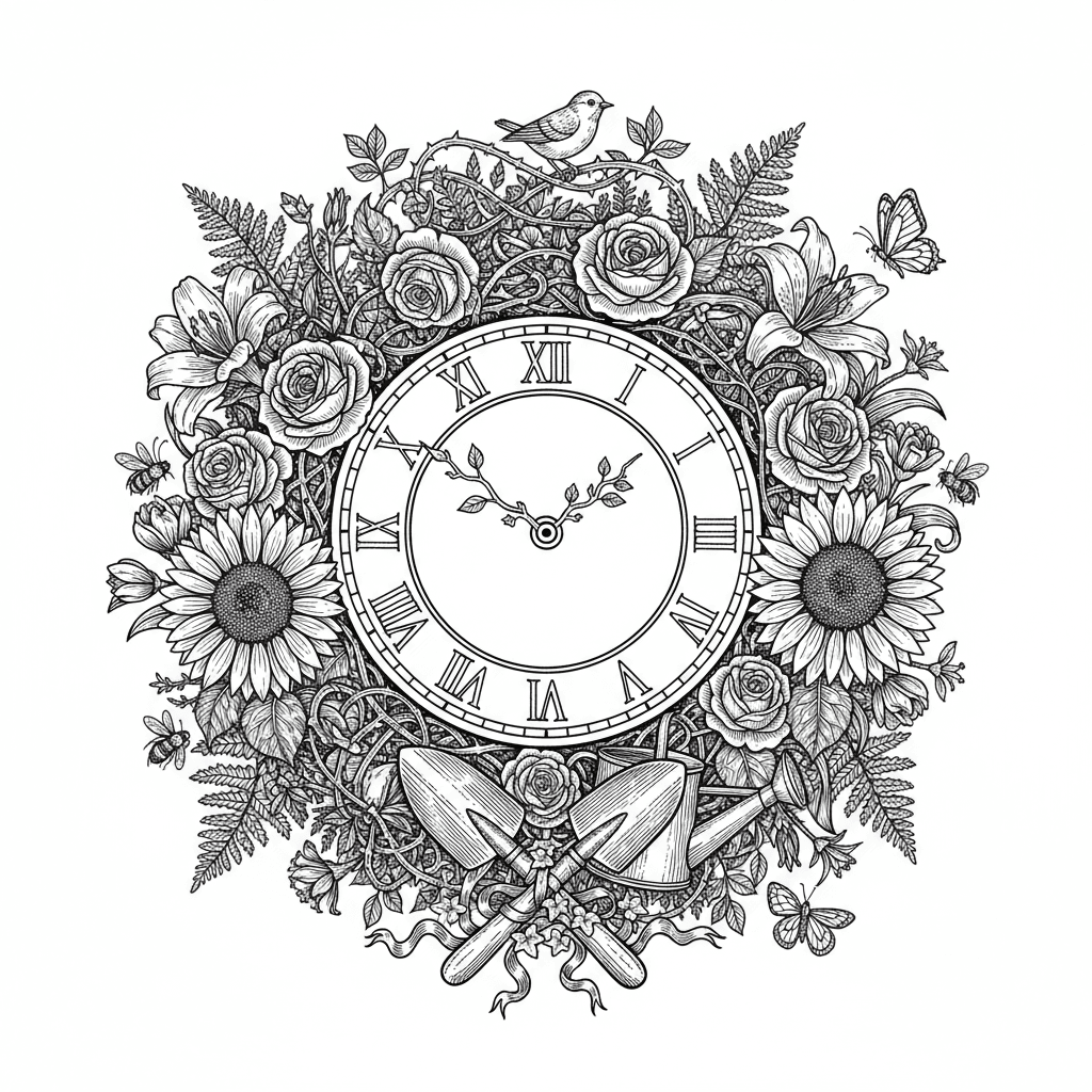 Garden themed clock image in a circle format with the numbers clearly visible in a circle only