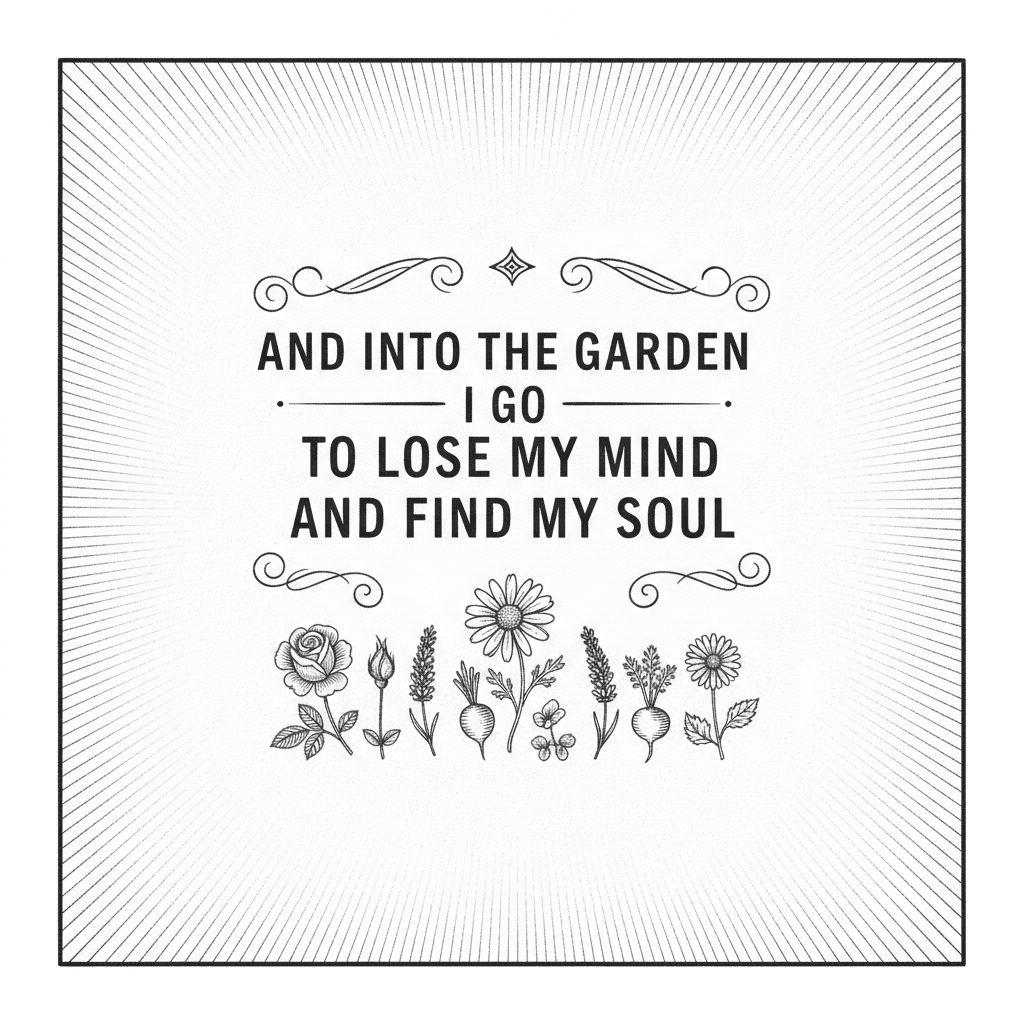 "And into the garden I go to lose my mind and find my soul" with a few small flowers and vegetables below the quote