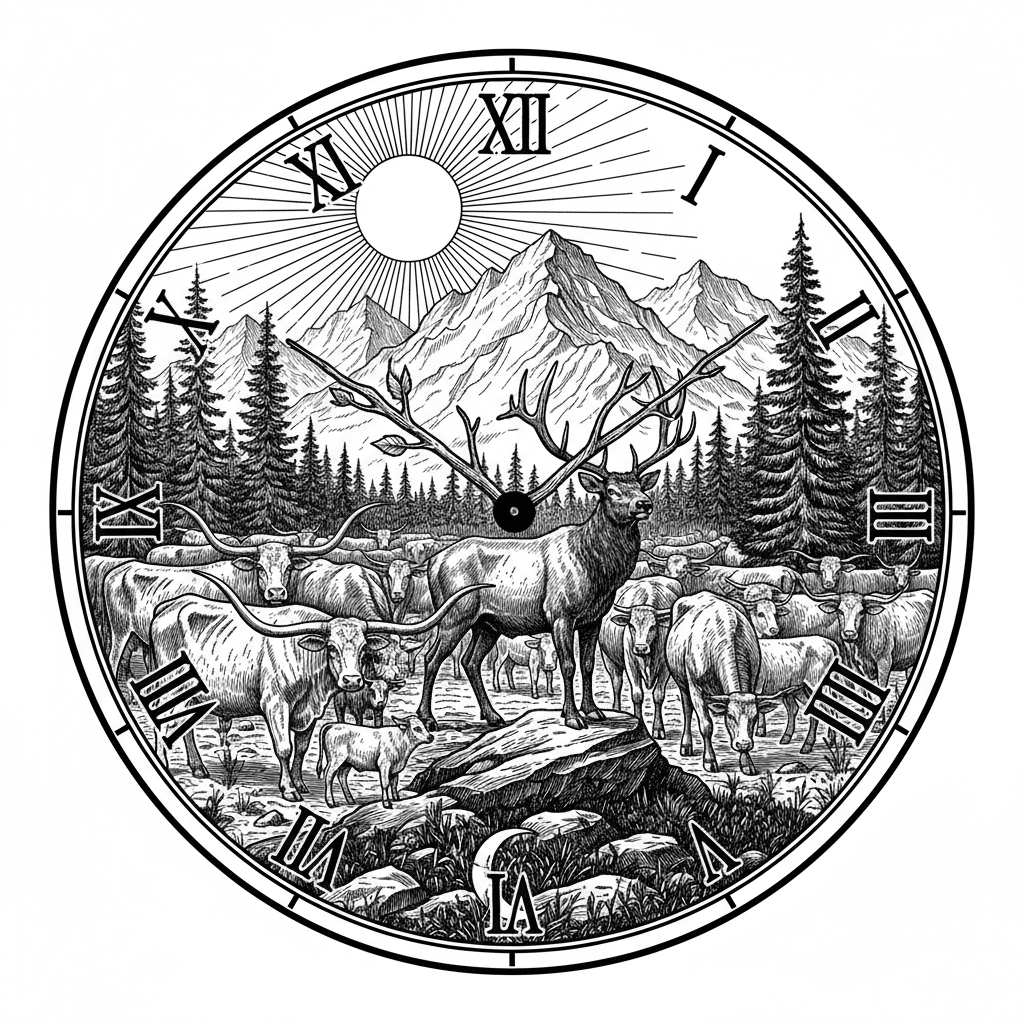 a heard of cow's and a bull elk in a forested mountain background in the image of a clock keeping the entire image on a round surface