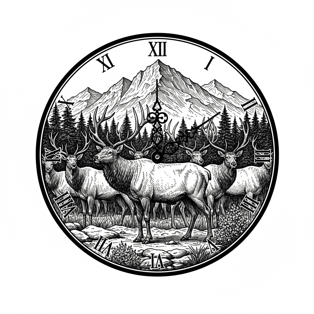 A herd of cow and bull elk with a forested mountain background in the image of a clock keeping the entire image on a round surface
