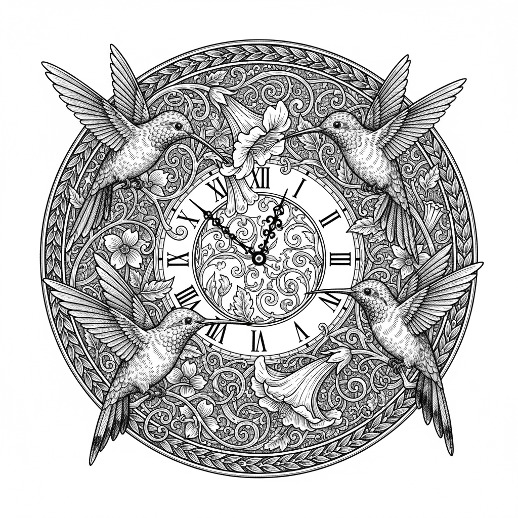 hummingbird themed clock image in a circle format