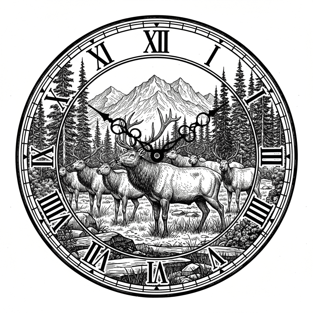 a heard of cow elk and a bull elk in a forested mountain background in the image of a clock keeping the entire image on a round surface