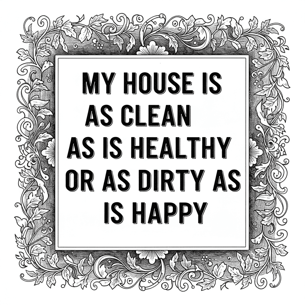 "My house is as clean as is healthy or as dirty as is happy" with a subtle vine border