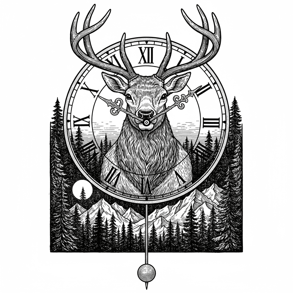 Elk with a forested mountain background in the image of a clock