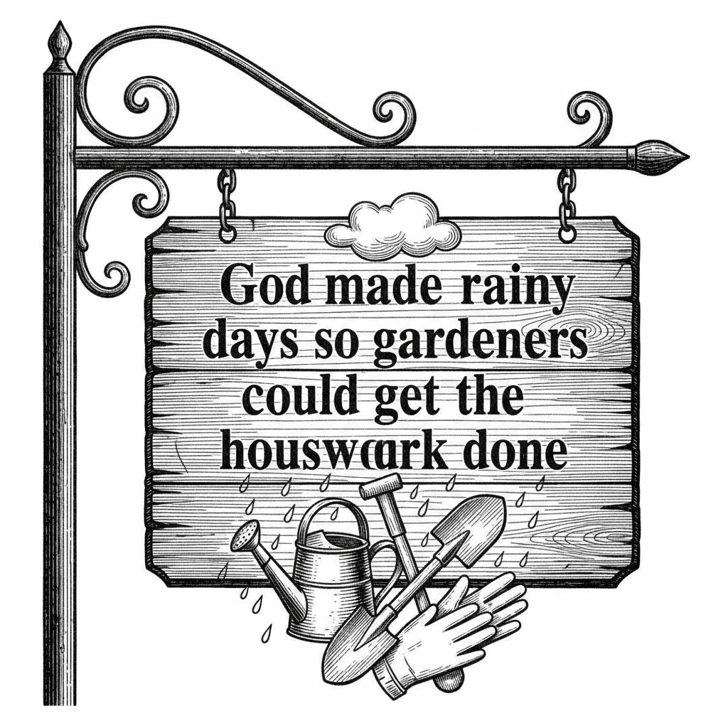 Garden sign saying "God made rainy days so gardeners could get the housework done"