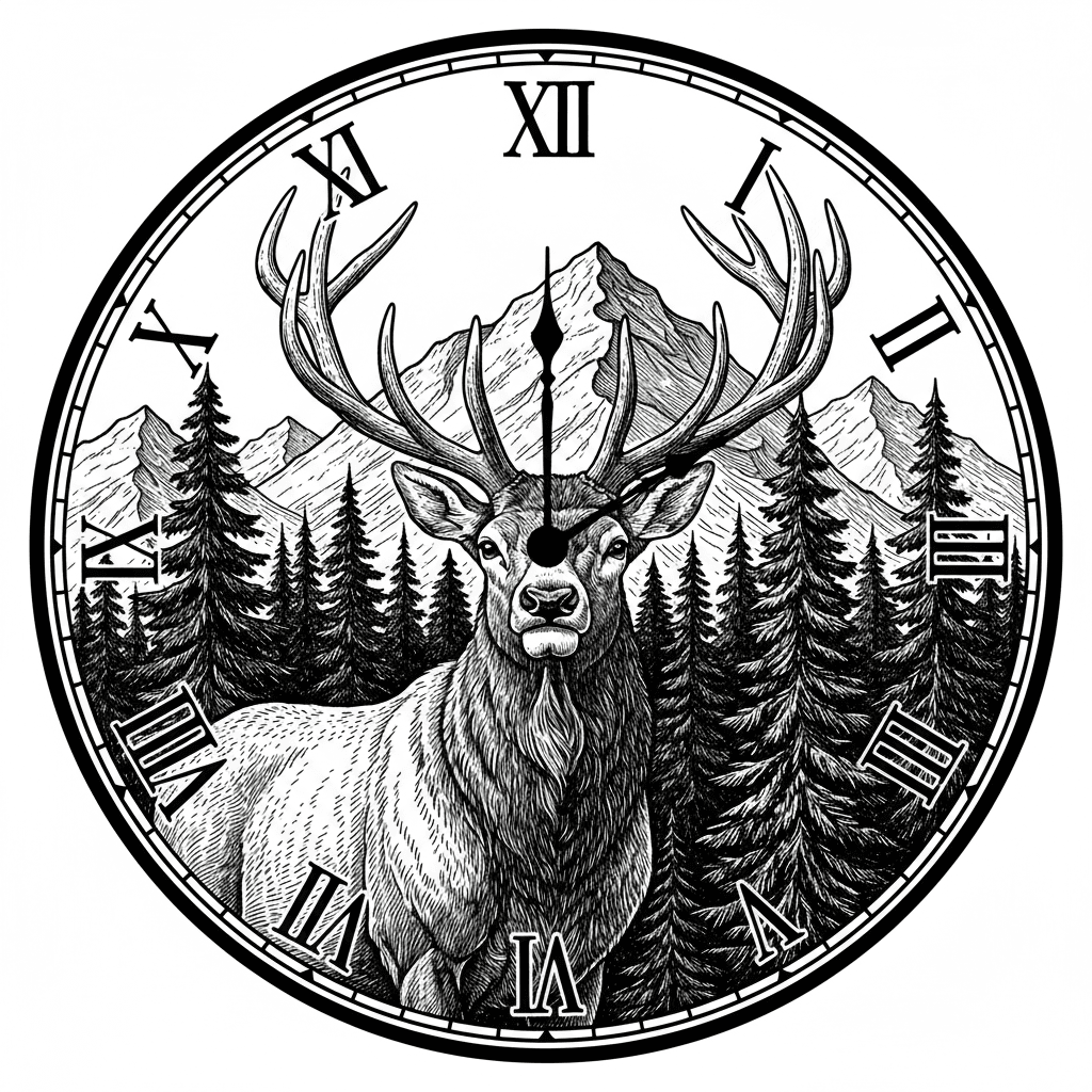 Elk with a forested mountain background in the image of a clock keeping the entire image on a round surface