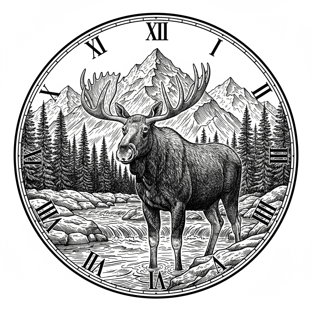 bull moose in a mountain creek with a mountainous background in a traditional clock formation staying in a circular format