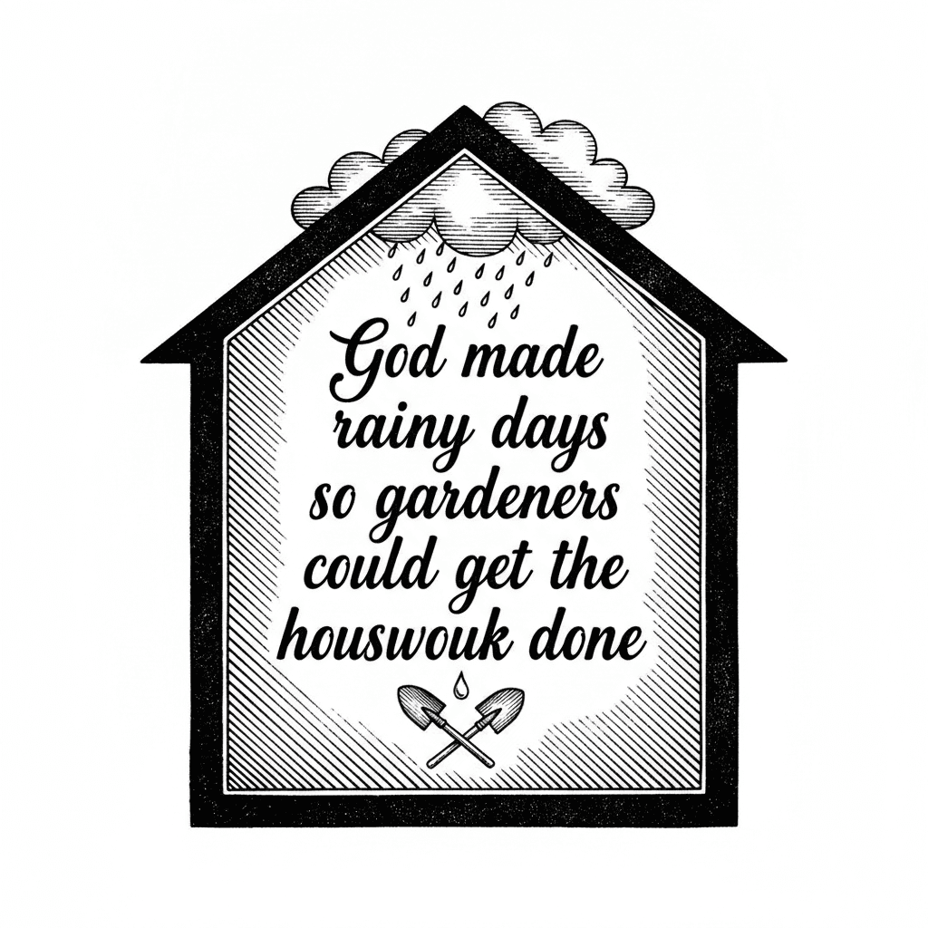 "God made rainy days so gardeners could get the housework done" written in a house shape frame