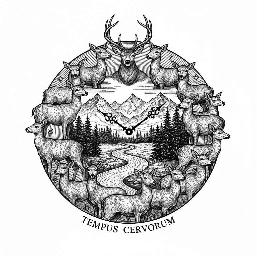 A group of Doe's with one buck in the format of a clock with a mountain and river background with some trees