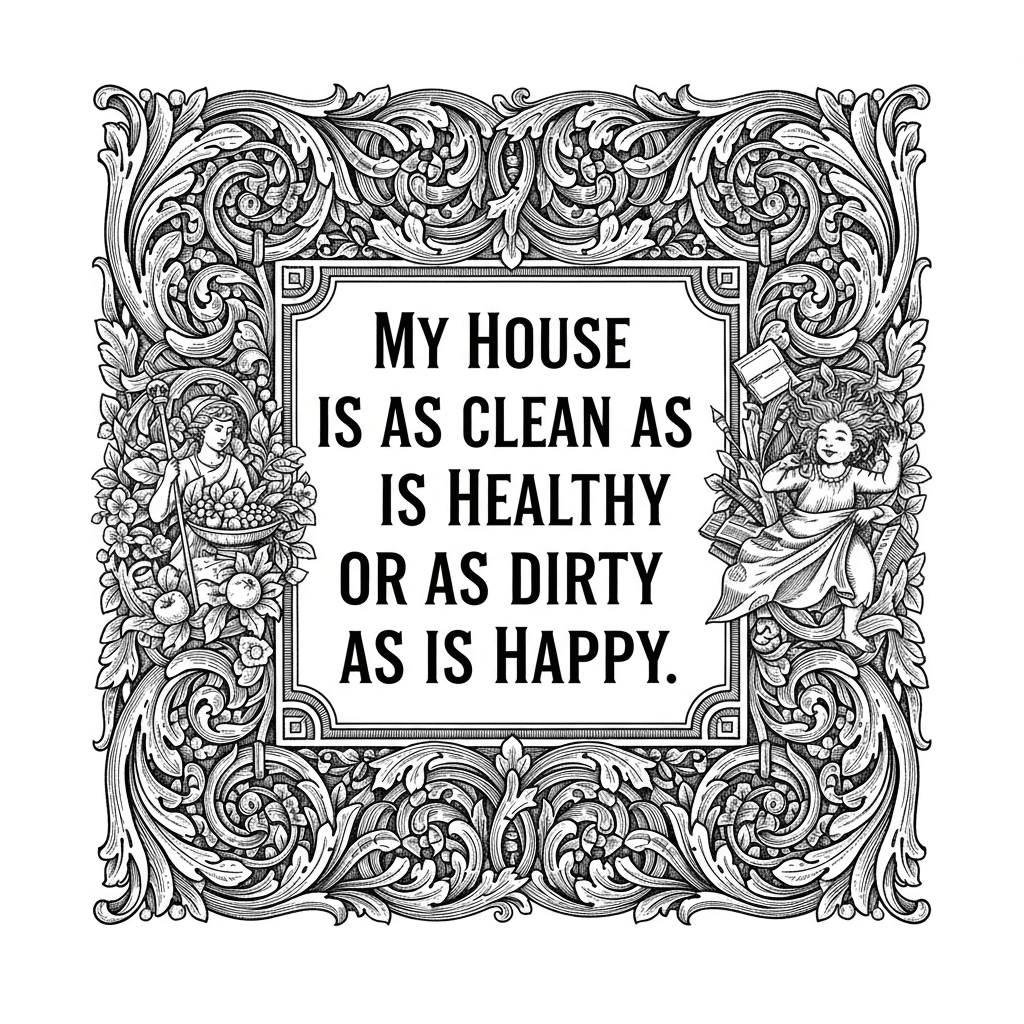 "My house is as clean as is healthy or as dirty as is happy" with a nice flowing border