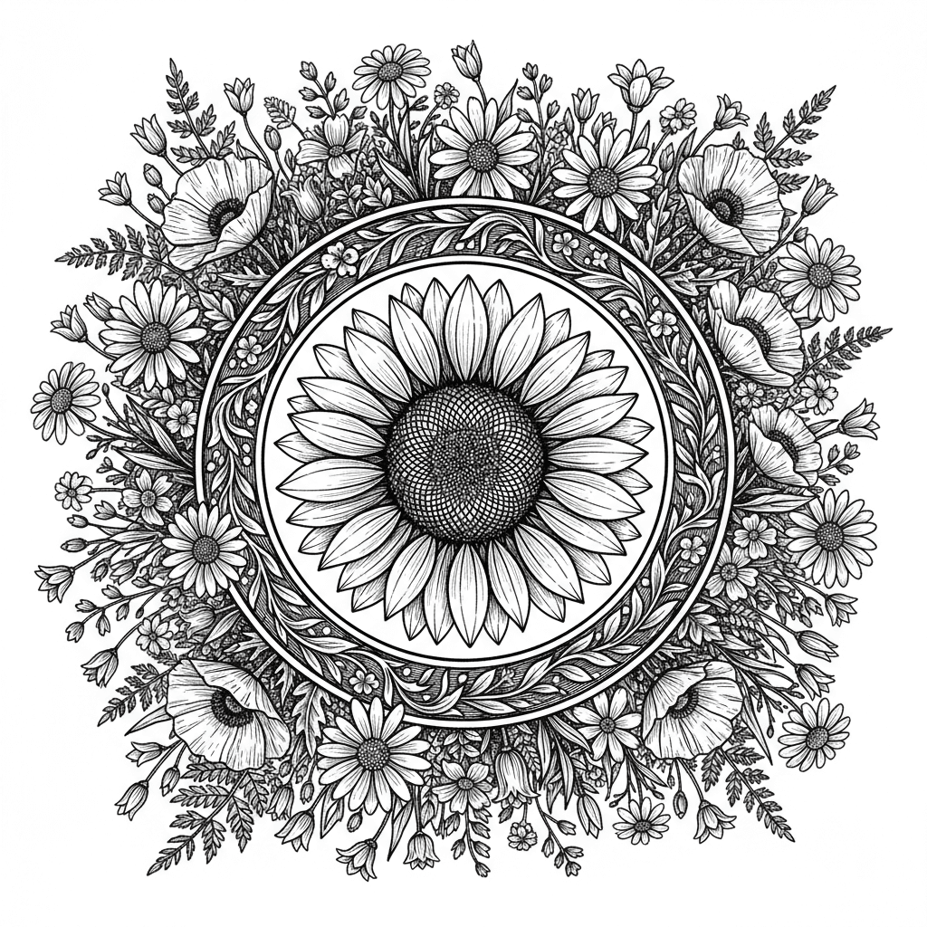 beautiful sunflower and wild flower picture in a circular frame