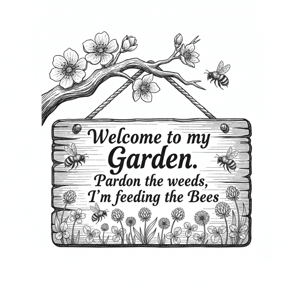 A garden sign saying "Welcome to my Garden. Pardon the weeds, I'm feeding the Bees"