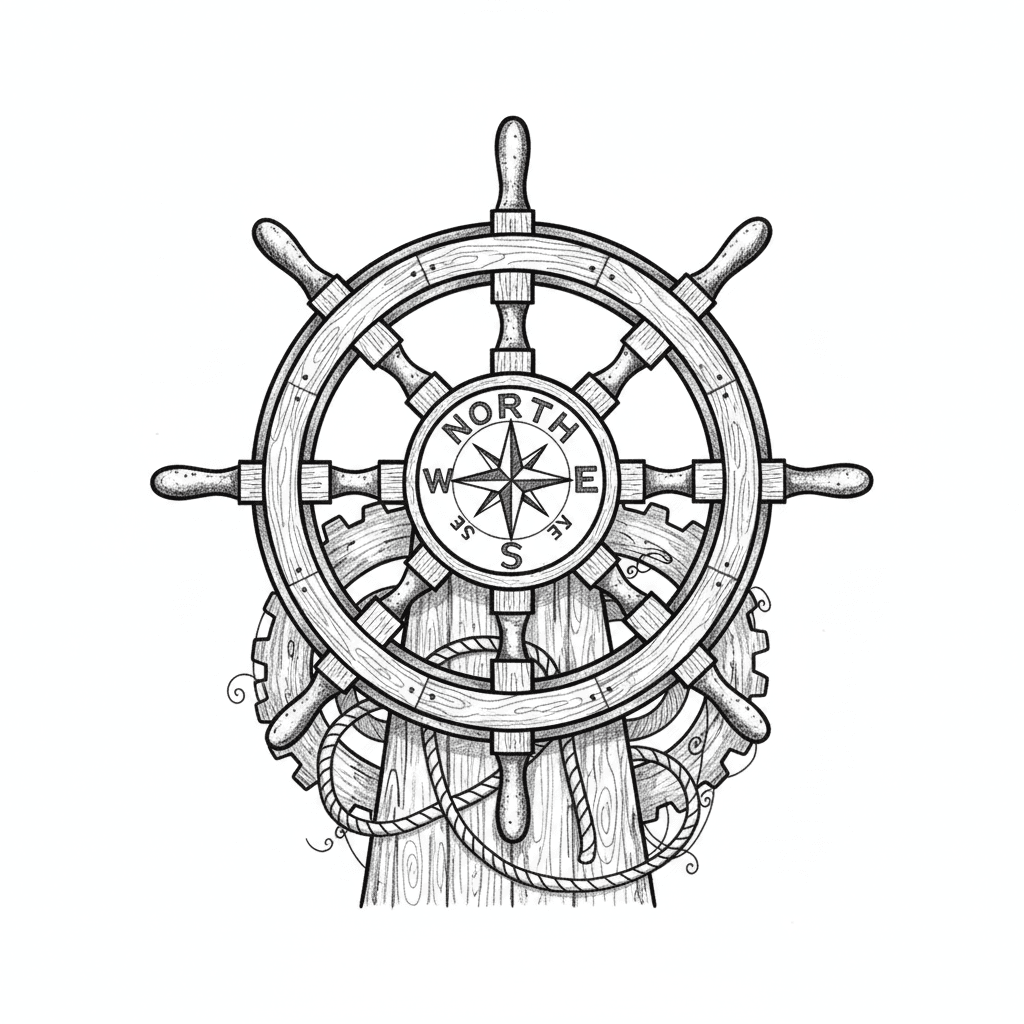 WOODEN BOAT HELM WITH COMPAS NORTH,SOUTH EAST