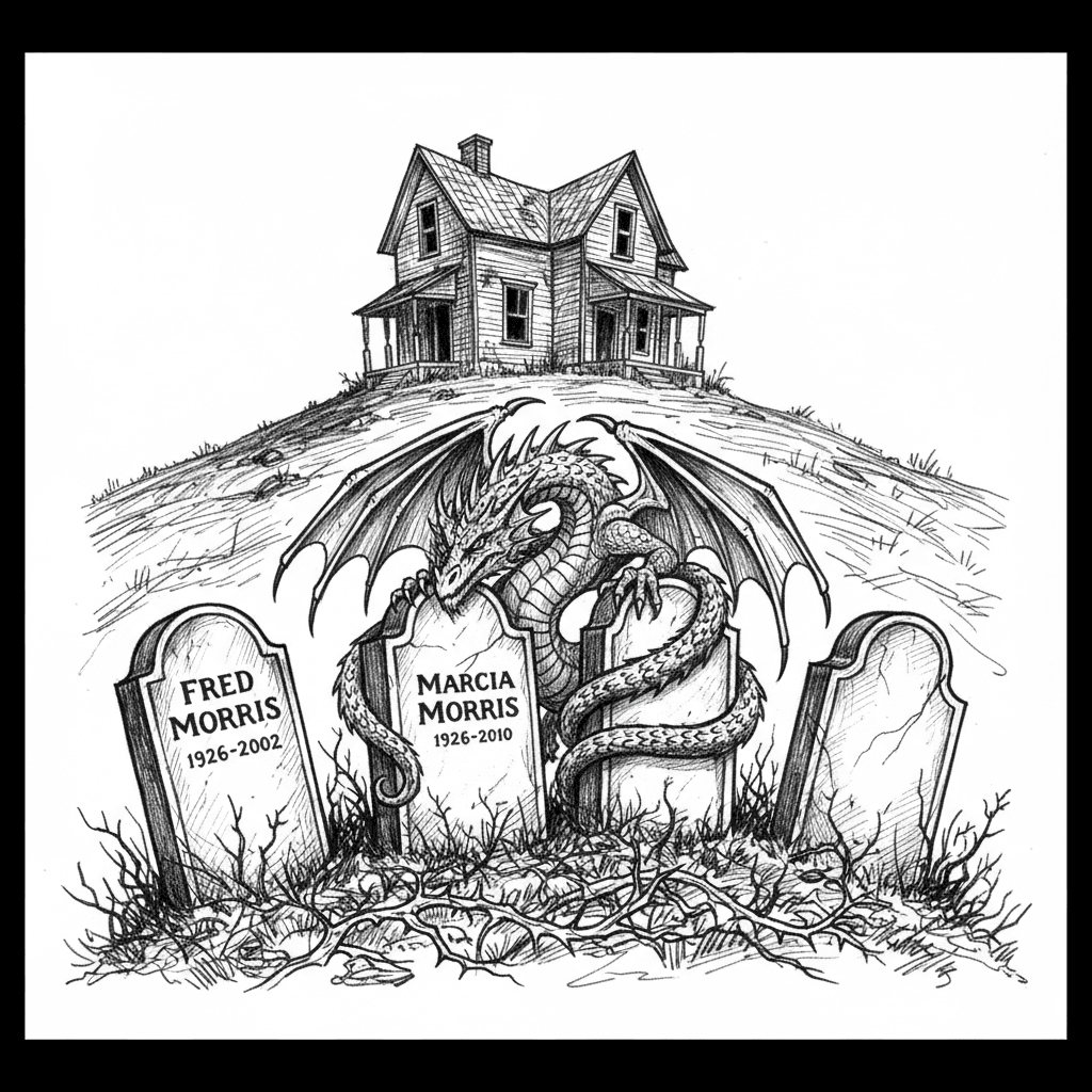 an old house on a hill in the background and in the fore ground are 4 head stones with a dragon protecting them the name on 1 head stone is Fred Morris 1926-2002 the second head stone Marcia Morris 1926-2010