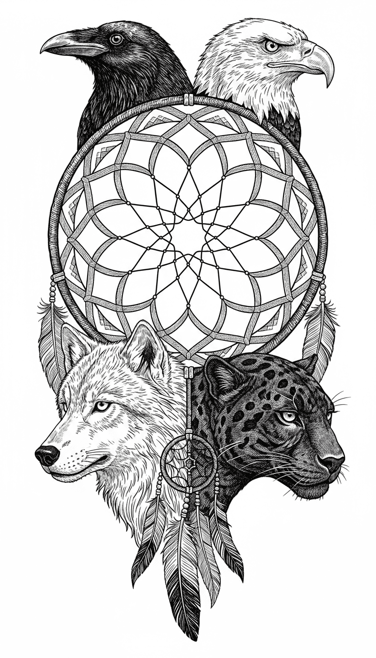 Make a dreamcather withW around on the outside the heads of a Black Raven,Looking to the left top left, Black Panther looking to the right bottem right , Hairy white Wolf looking to the left bottem left , and BAld Eagle looking to the right top right
