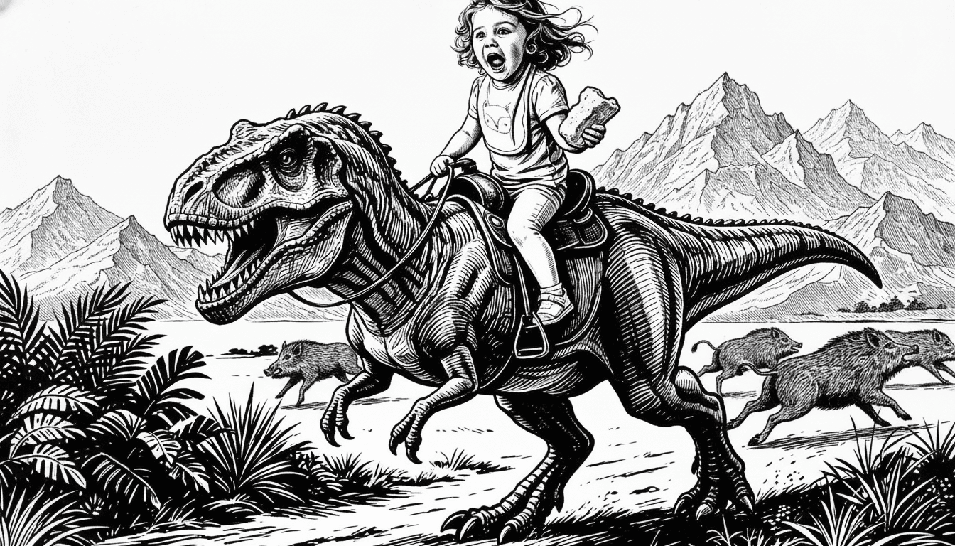 espandi 'immagine, ingrandisci del 30% il dinosauro. aggiungi dei cinghiali in fuga davanti al dinosauro. aggiungi delle montagne sullo sfondo. non cambiare o modificare la bambina
