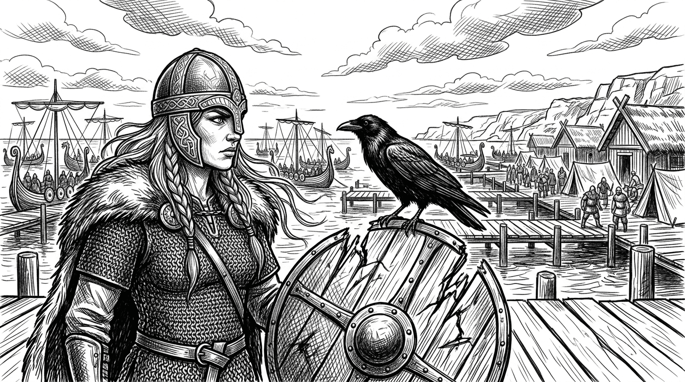 crea un immagine realistica di un porto vikingo con una guerriera in primo piano che fissa un corvo appoggiato su uno scudo spezzato