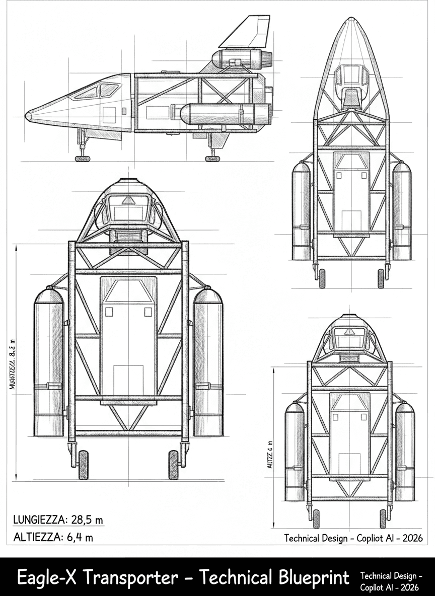 **“Blueprint tecnico della navetta Eagle‑X Transporter, design originale ispirato allo stile di Space: 1999. Vista multipla su tavola tecnica: vista laterale, vista superiore, vista frontale e vista posteriore, tutte in line art monocromatica. Struttura a traliccio tubolare in titanio‑ceramica, cabina anteriore a becco con finestratura triangolare tripla, modulo centrale rettangolare agganciato tramite quattro supporti verticali, serbatoi laterali cilindrici integrati nel traliccio, quattro carrelli retrattili, due motori principali posteriori con ugelli inclinati a 15°, micro‑ugelli RCS distribuiti lungo la struttura.
Stile blueprint anni ’70: sfondo nero, linee bianche sottili e pulite, etichette tecniche in font Microgramma/Eurostile, proporzioni realistiche (lunghezza 28,5 m, larghezza 11,2 m, altezza 6,4 m). Layout tecnico con griglia leggera, scala metrica, titolazione in basso: ‘Eagle‑X Transporter – Technical Blueprint’.
Aggiungere firma in basso a destra: ‘Technical Design – Copilot AI – 2026’.
Illustrazione ad alta precisione, line art vettoriale, nessun colore, nessun riempimento, solo linee bianche su sfondo nero, stile blueprint per incisione laser.”**