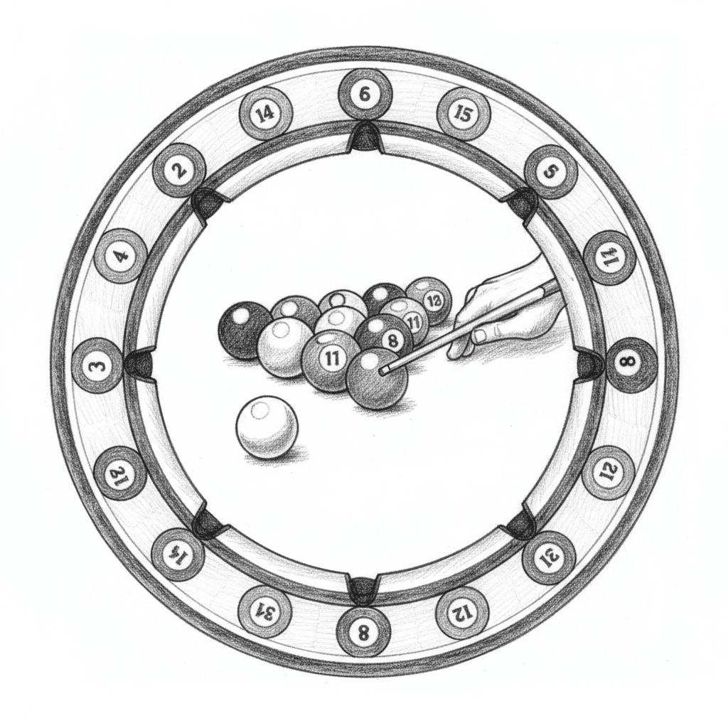 "Grafica circolare con una fotografia centrale di un tavolo da biliardo con palle da biliardo accumulate, una mano che tiene un bastone di stecca che mira alla palla bianca. Intorno al centro c'è un audace anello geometrico in bianco e nero, con palle da biliardo numerate (da 1 a 14, più la palla 8) disposte uniformemente intorno al bordo esterno. Stile pulito e ad alto contrasto, dettagli nittidi, colori vivaci sulle palle da biliardo, composizione circolare senza soluzione di continuità, rapporto d'aspetto quadrato 1:1, estetica grafica audace, centro fotografico realistico mescolato a bordo decorativo stilizzato."