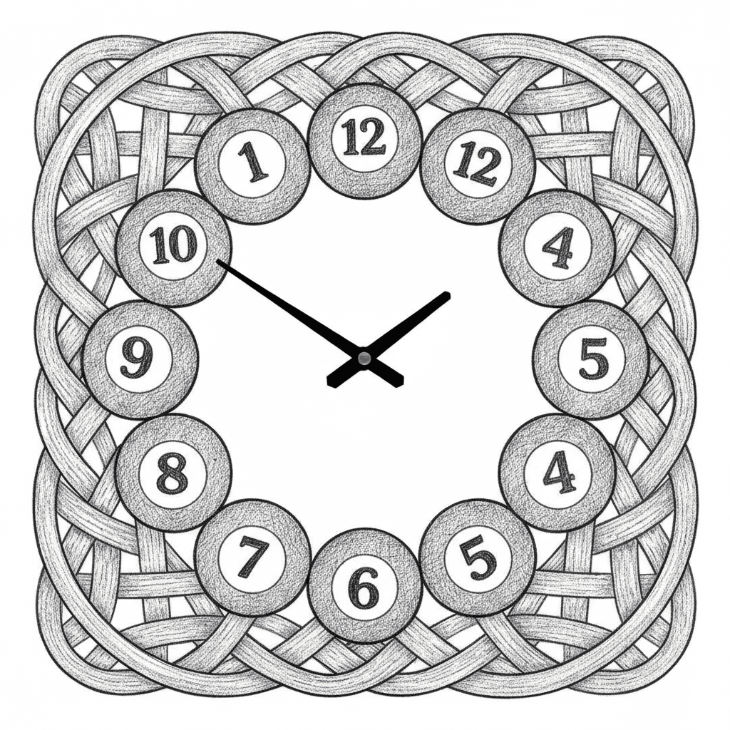 crea un orologio da parete usando le palle da biliardo per indicare i numeri, crea una trama intrecciata come ornamento sul bordo esterno