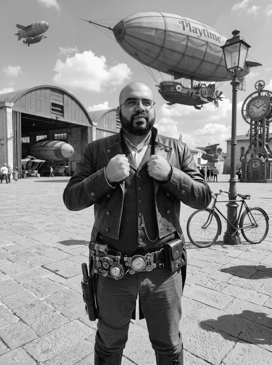 modifica immagine:
crea una ambientazione steampunk all'aperto in una giornata soleggiata in una grande piazza con il pavimento in pietra sullo sfondo degli hangar e un dirigibile in stile steampunk con la scritta "Playtime". delle nuvole e in lontananza veicoli volanti .
vesti l'uomo con giacca, gilet, pantaloni e stivali in stile vittoriano e un cinturone pieno di meccanismi e accessori steampunk.
la posa, pugni stretti sul bordo della giacca, e un espressione orgogliosa sul volto
aggiungi anche una bicicletta appoggiata al palo di una lanterna a gas.