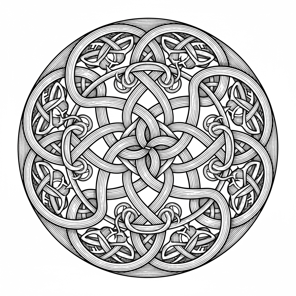 Generate a high-contrast grayscale image of an intricate Celtic knot pattern with swirling vines and thorns, suitable for laser engraving on wood. Include shading for 3D relief effect, round composition for coasters.”