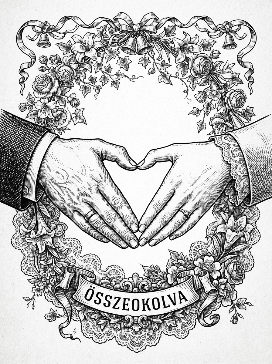 Egy férfi, és egy nÅ‘i kéz szÃv alakú, esküvÅ‘i dekorációval.