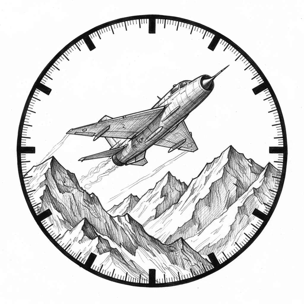 MIG 21 vadászrepülő hegyek között repül kör alakú kép óraszámlappal mutatók nélkül.